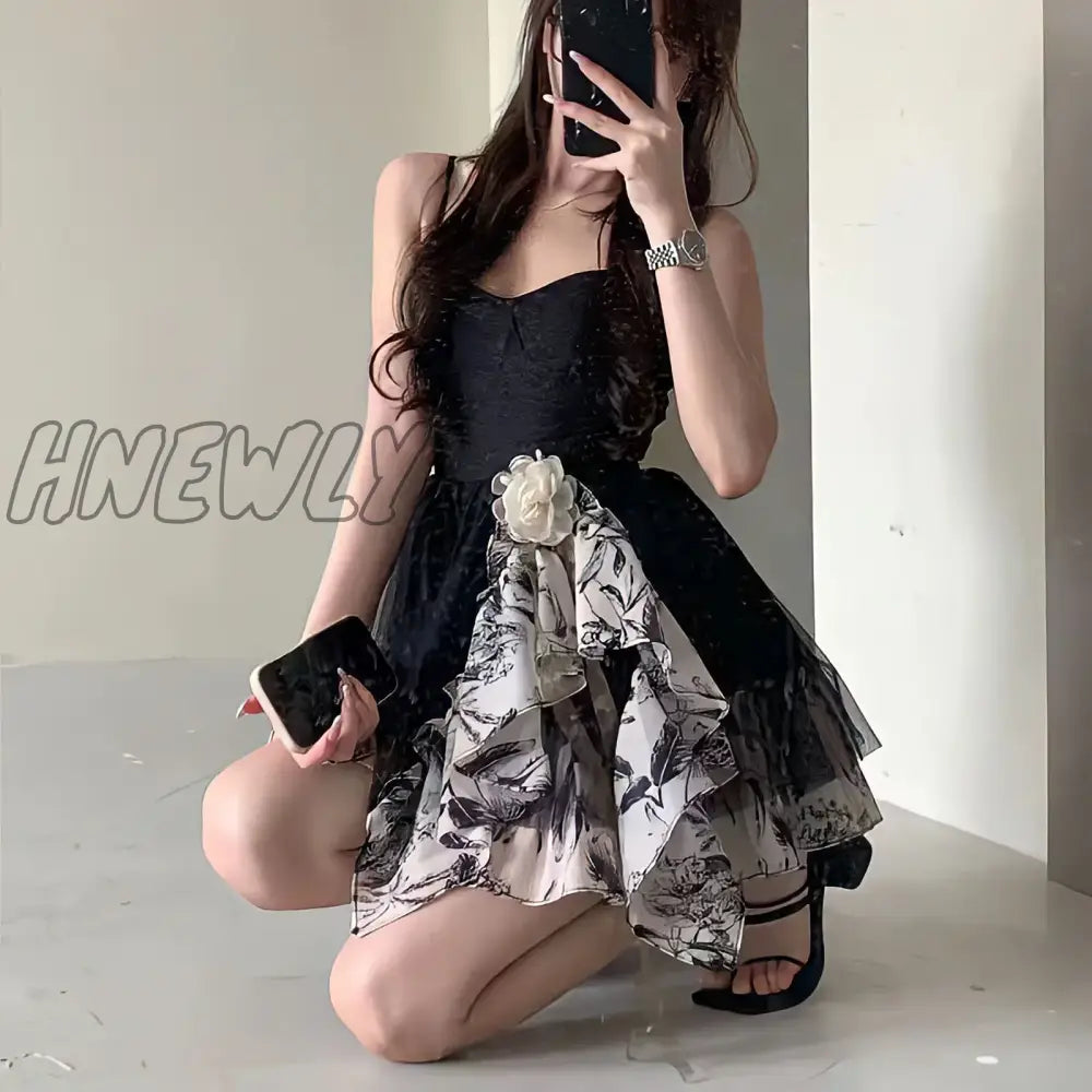 Hnewly Summer Gothic Lolita Black Mini Dress Women Vintage 90S Egirl Punk Slim Party Club Suspender