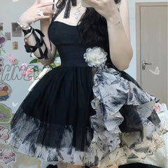 Hnewly Summer Gothic Lolita Black Mini Dress Women Vintage 90S Egirl Punk Slim Party Club Suspender