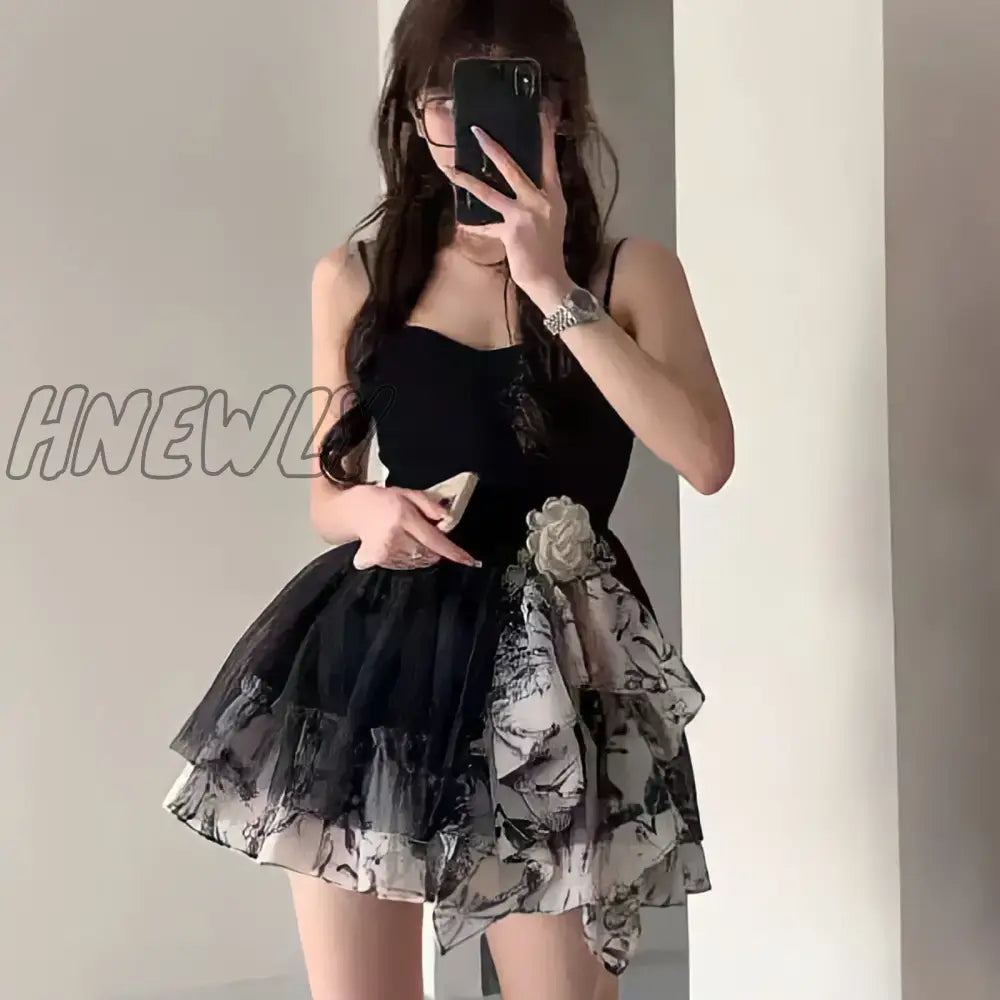 Hnewly Summer Gothic Lolita Black Mini Dress Women Vintage 90S Egirl Punk Slim Party Club Suspender