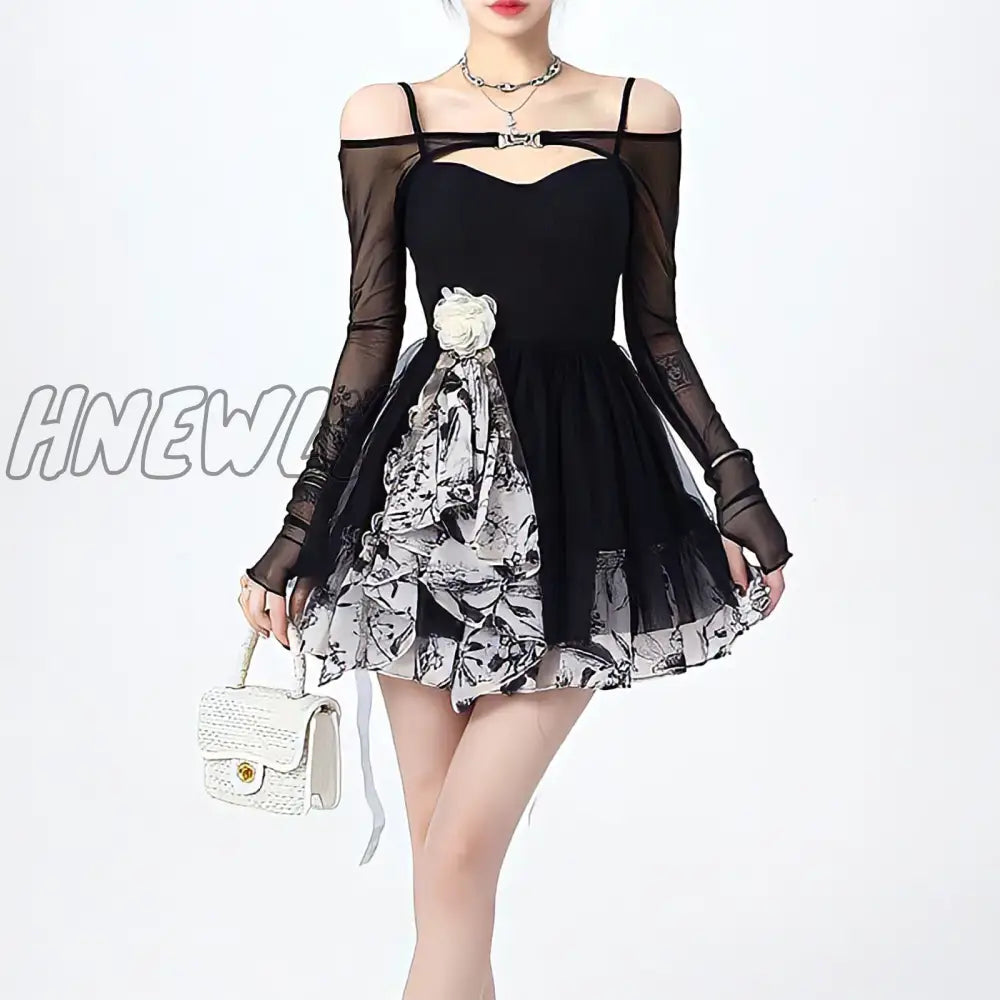 Hnewly Summer Gothic Lolita Black Mini Dress Women Vintage 90S Egirl Punk Slim Party Club Suspender