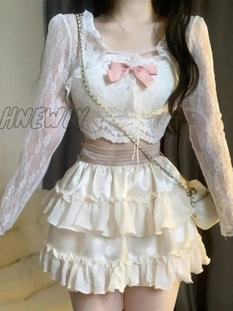 Hnewly Summer Kawaii Clothing Lolita 3 Piece Dress Set Women Causual Y2K Crop Tops Blouse + Corset