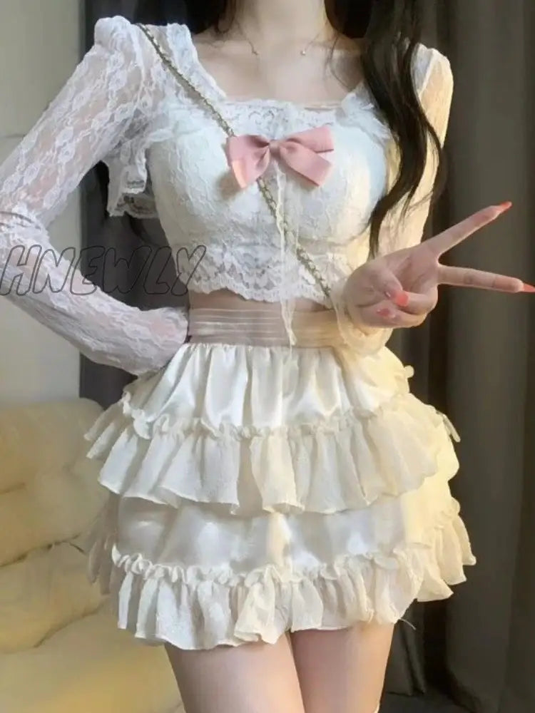 Hnewly Summer Kawaii Clothing Lolita 3 Piece Dress Set Women Causual Y2K Crop Tops Blouse + Corset