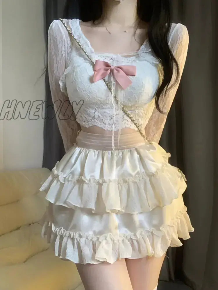 Hnewly Summer Kawaii Clothing Lolita 3 Piece Dress Set Women Causual Y2K Crop Tops Blouse + Corset