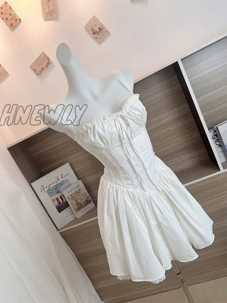 Summer Mori Girl Women Bow A-Line Dress Spaghetti Strap Solid Color Frocks Square Neck Party Tunic