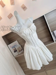 Summer Mori Girl Women Bow A-Line Dress Spaghetti Strap Solid Color Frocks Square Neck Party Tunic