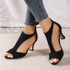 Summer New Brushed Leather Fish Mouth Sandals Women’s Back Zipper Sexy Solid Color