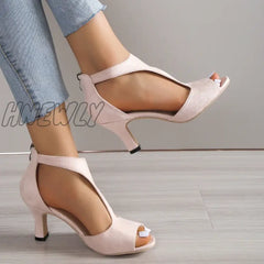 2023 Summer New Brushed Leather Fish Mouth Sandals Women’s Back Zipper Sexy Solid Color