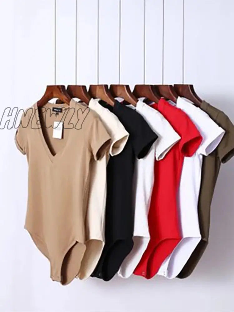 Hnewly Summer New Solid Color Sexy Big V-Neck Slim Slimming One-Piece Short-Sleeved T-Shirt