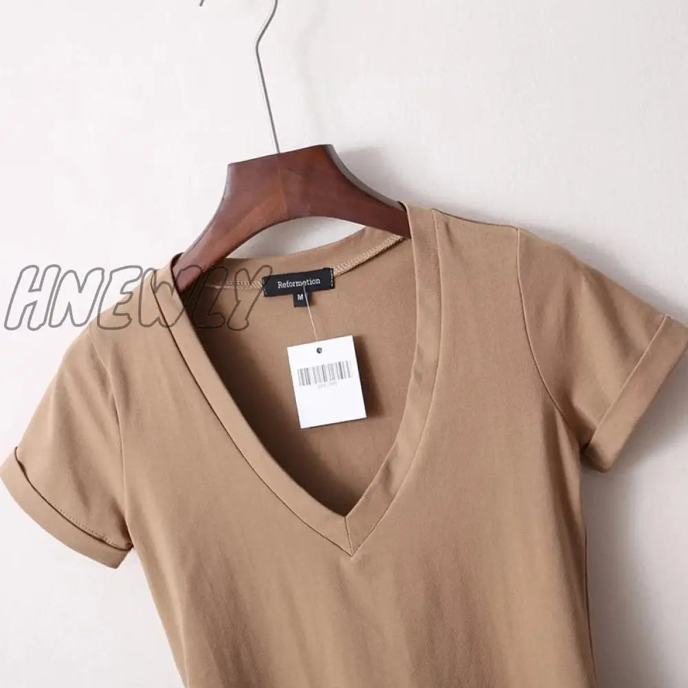 Hnewly Summer New Solid Color Sexy Big V-Neck Slim Slimming One-Piece Short-Sleeved T-Shirt