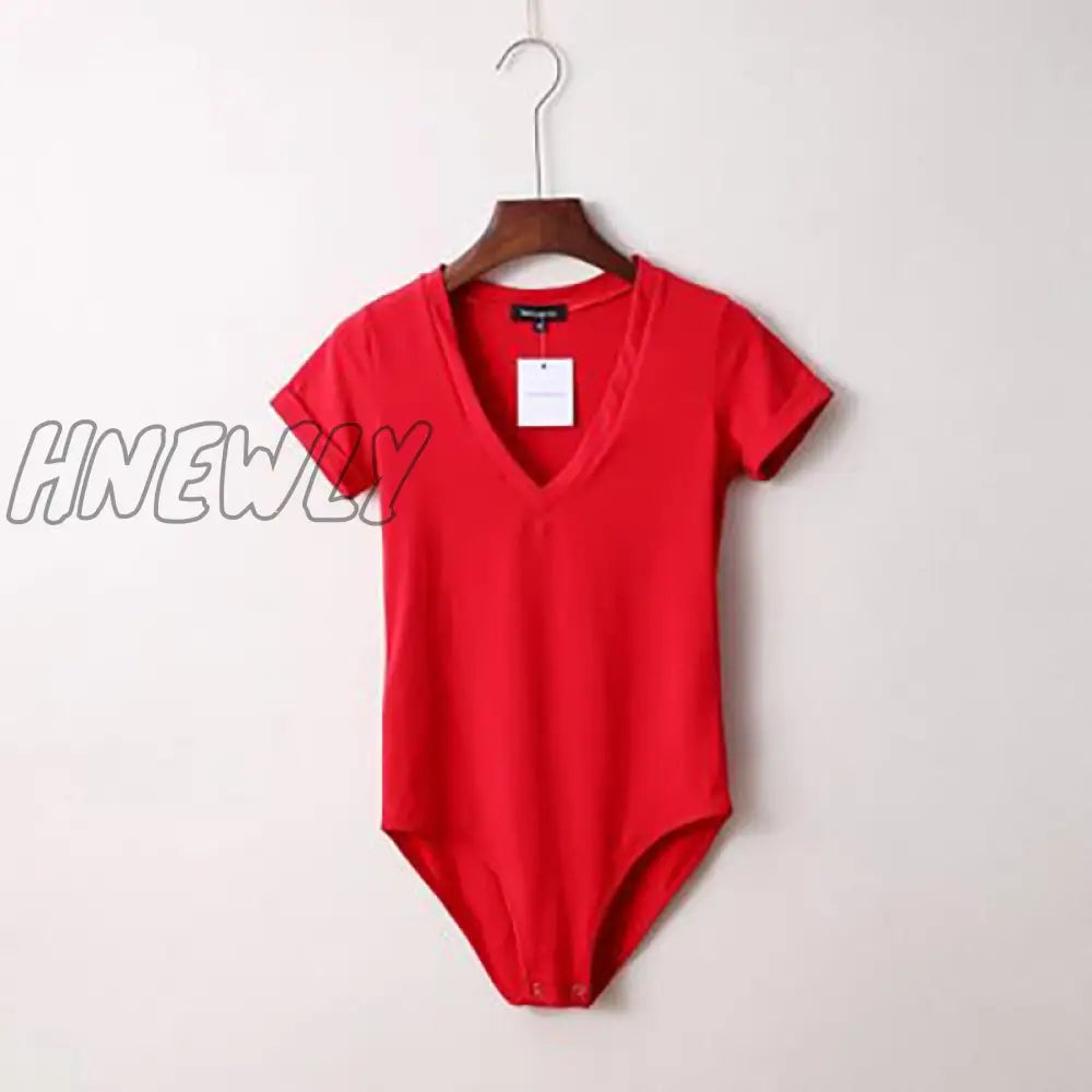 Hnewly Summer New Solid Color Sexy Big V-Neck Slim Slimming One-Piece Short-Sleeved T-Shirt