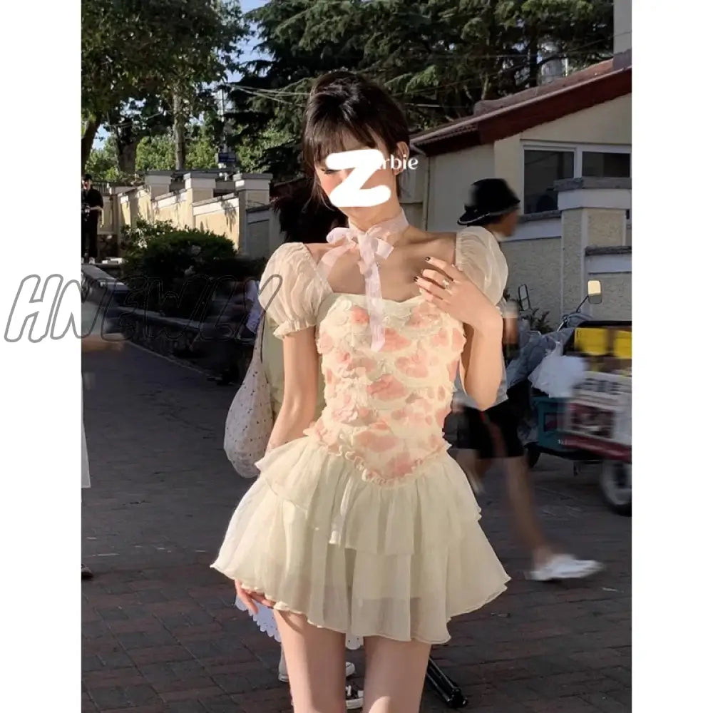 Summer Pink Dress Womens Printing Vintage Fashion Y2K Style Simple Miniskirt 2023 Female New