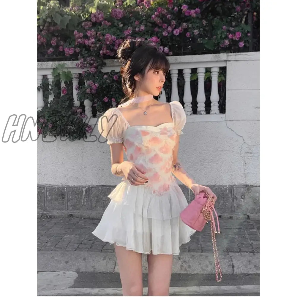 Summer Pink Dress Womens Printing Vintage Fashion Y2K Style Simple Miniskirt 2023 Female New