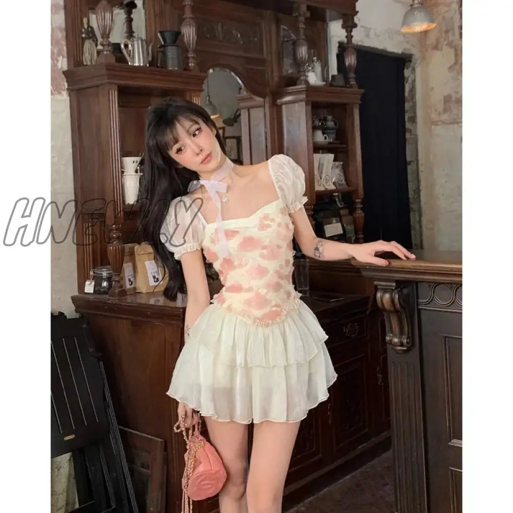 Summer Pink Dress Womens Printing Vintage Fashion Y2K Style Simple Miniskirt 2023 Female New