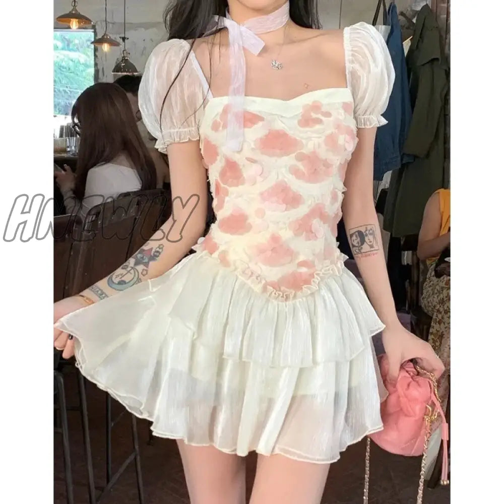 Summer Pink Dress Womens Printing Vintage Fashion Y2K Style Simple Miniskirt Temperament Elegant Party Dress