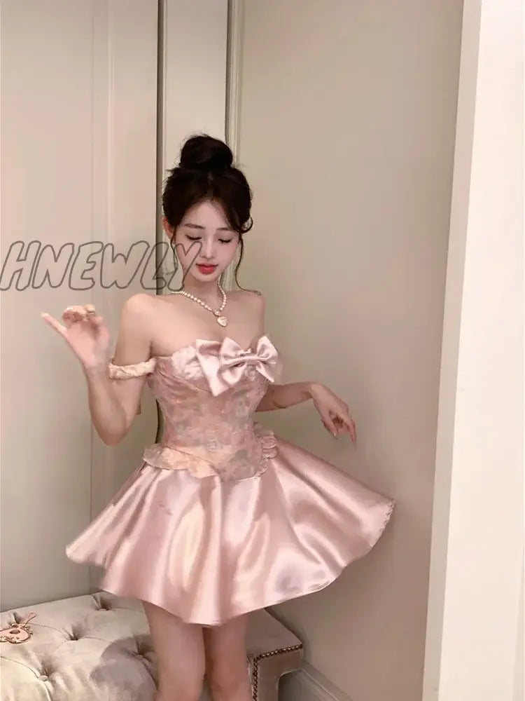 Summer Pink Kawaii Floral Dress Women Patchwork Designer Y2K Party Mini Female Korean Fashion Sexy