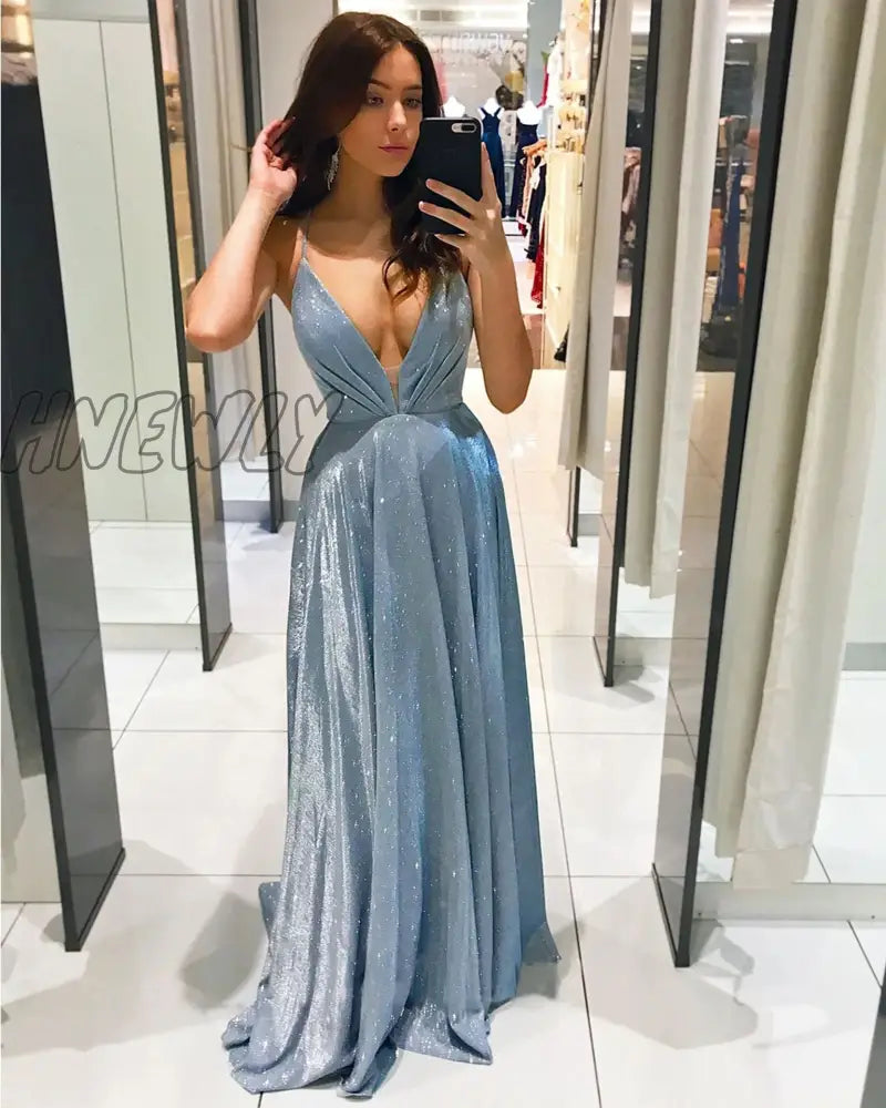 Hnewly Summer Royal Blue Prom Dress Casual Sexy Giltter Halter Hollow Vestidos Women Party Ball