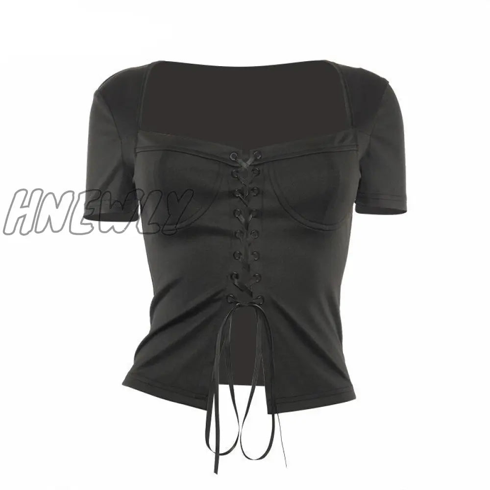 Hnewly Summer Sexy Chic Fashion Square Collar Lace Up Top And Blouse For Women Short Sleeve Blouses