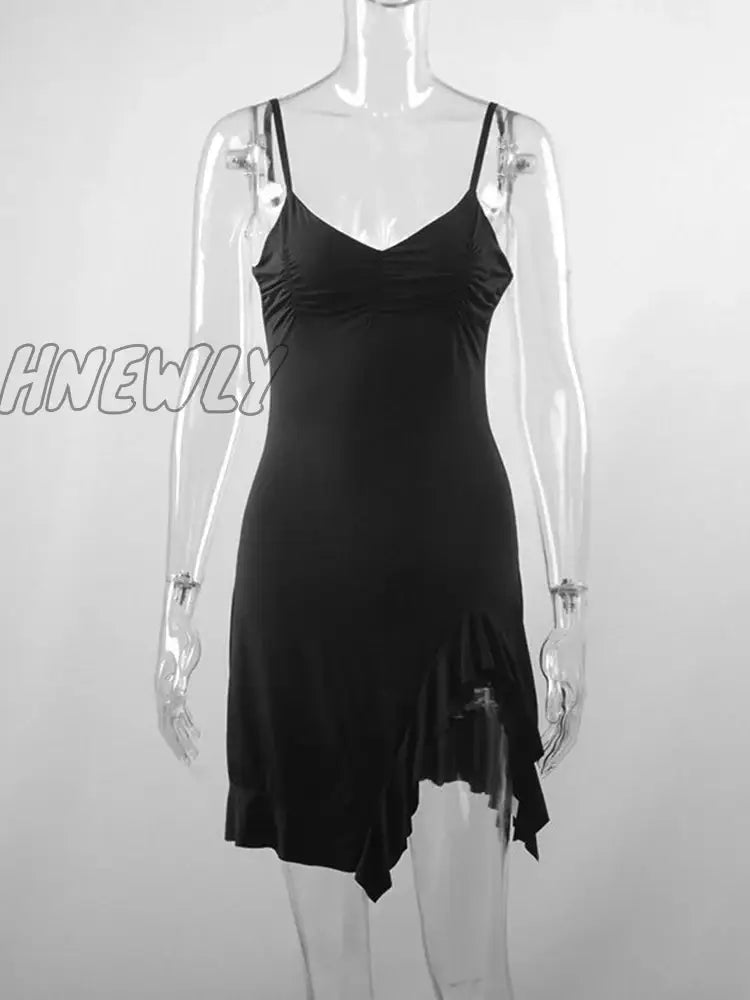 Hnewly Summer Sexy Mini Dress Women Sleeveless Strap Streetwear Backless Folds Bodycon Split Black