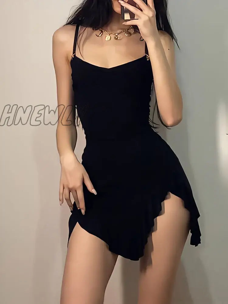 Hnewly Summer Sexy Mini Dress Women Sleeveless Strap Streetwear Backless Folds Bodycon Split Black