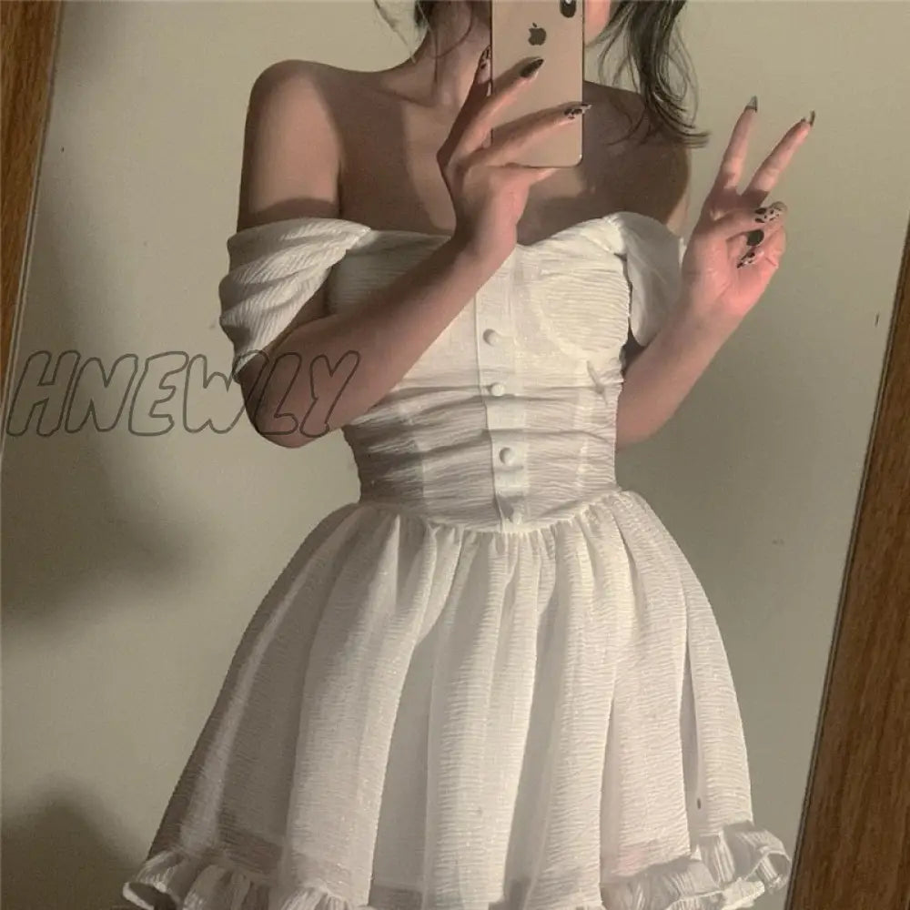 Hnewly Summer Sexy Off Shoulder Women Sundress White Elegant Button Pleated Mini Dress Straps