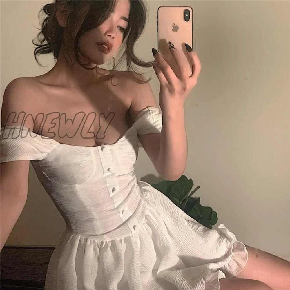 Hnewly Summer Sexy Off Shoulder Women Sundress White Elegant Button Pleated Mini Dress Straps