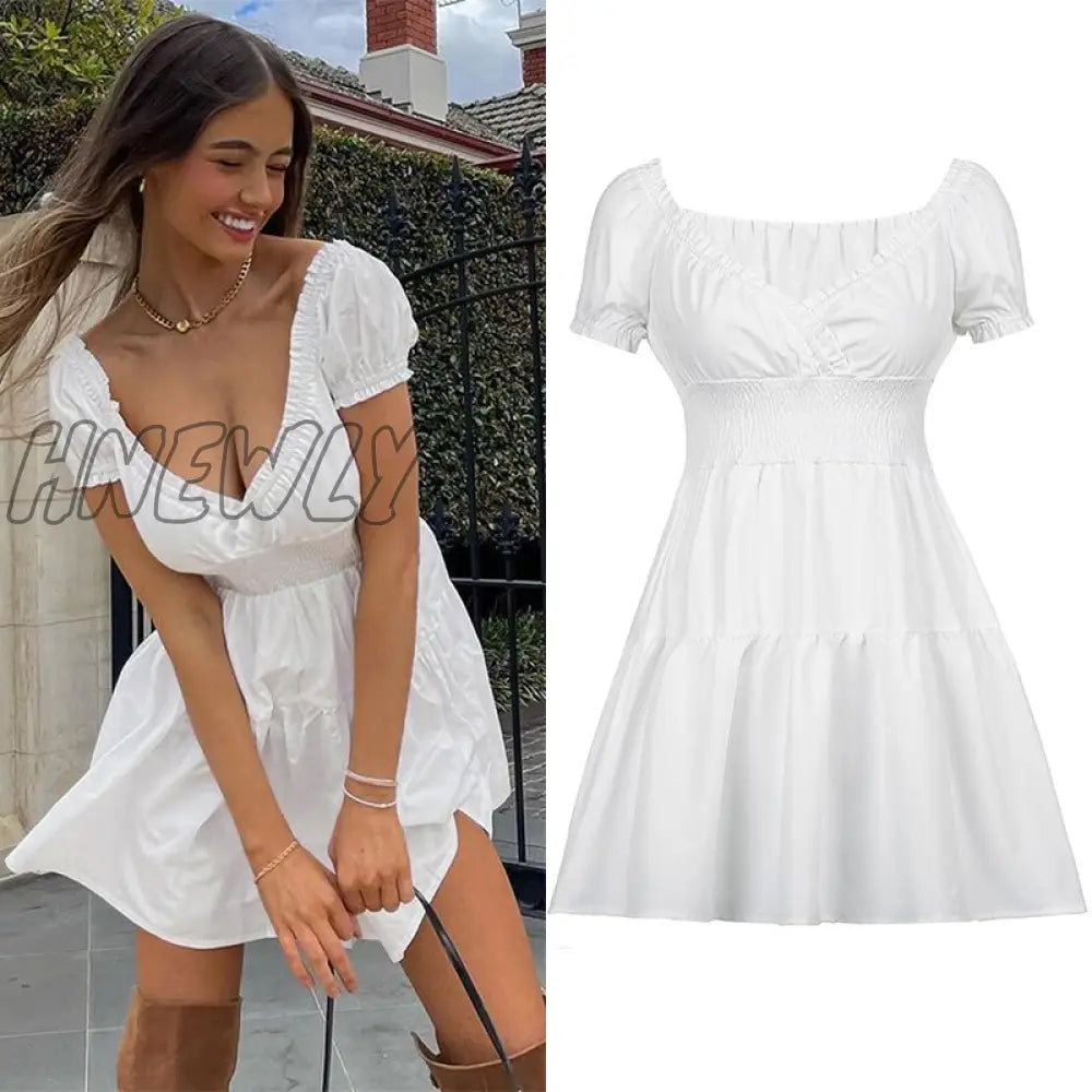 Hnewly Summer Sexy Off Shoulder Women Sundress White Elegant Button Pleated Mini Dress Straps