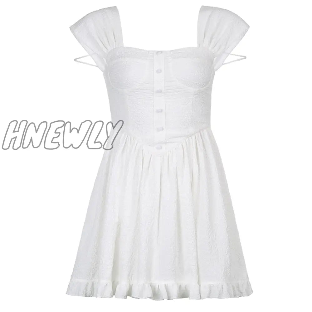 Hnewly Summer Sexy Off Shoulder Women Sundress White Elegant Button Pleated Mini Dress Straps