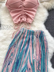 Hnewly Summer Sexy Women Strap Suits V-Neck Drawstring Short Top + Casual Pleats High Waist Loose