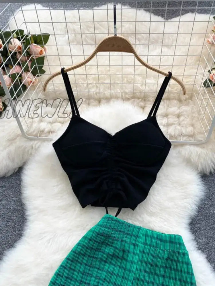 Hnewly Summer Sexy Women Strap Suits V-Neck Drawstring Short Top + Casual Pleats High Waist Loose