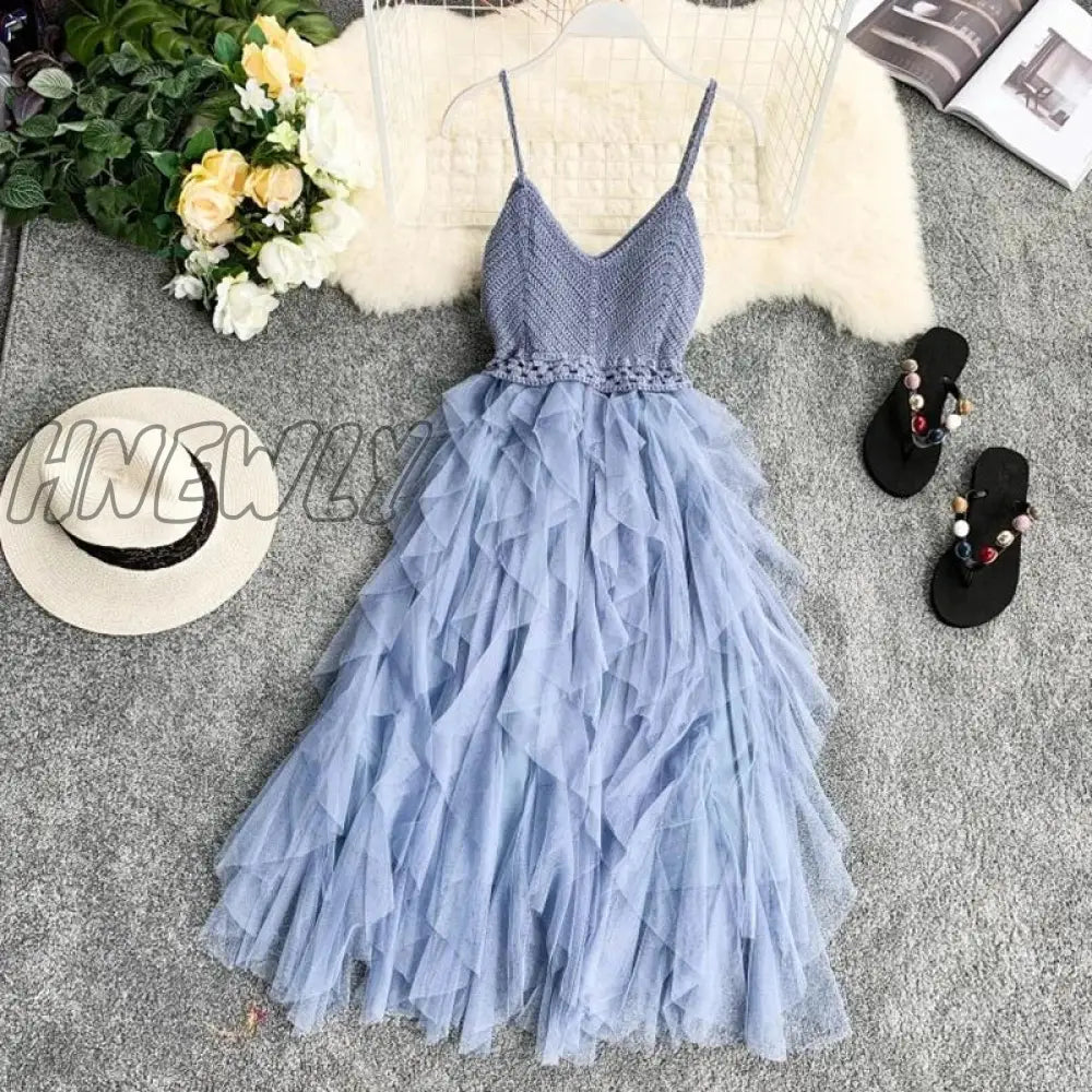 Hnewly Summer Sleeveless Sling Gauze Tulle Dress Women Knit V-Neck Sexy Backless Long Dresses Sweet