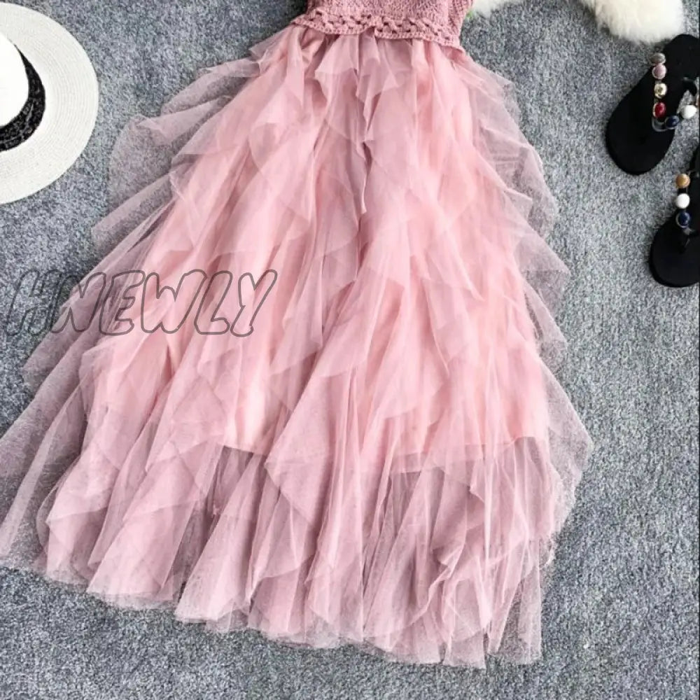 Hnewly Summer Sleeveless Sling Gauze Tulle Dress Women Knit V-Neck Sexy Backless Long Dresses Sweet