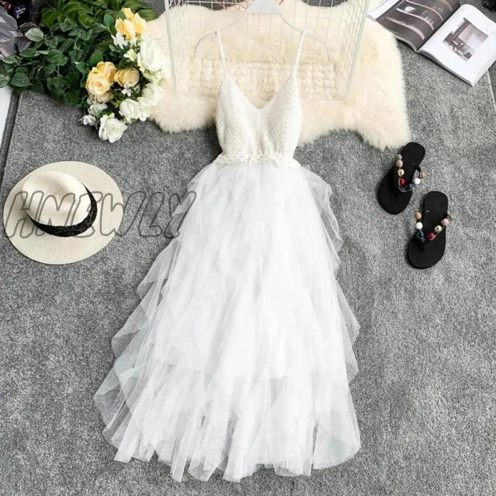 Hnewly Summer Sleeveless Sling Gauze Tulle Dress Women Knit V-Neck Sexy Backless Long Dresses Sweet