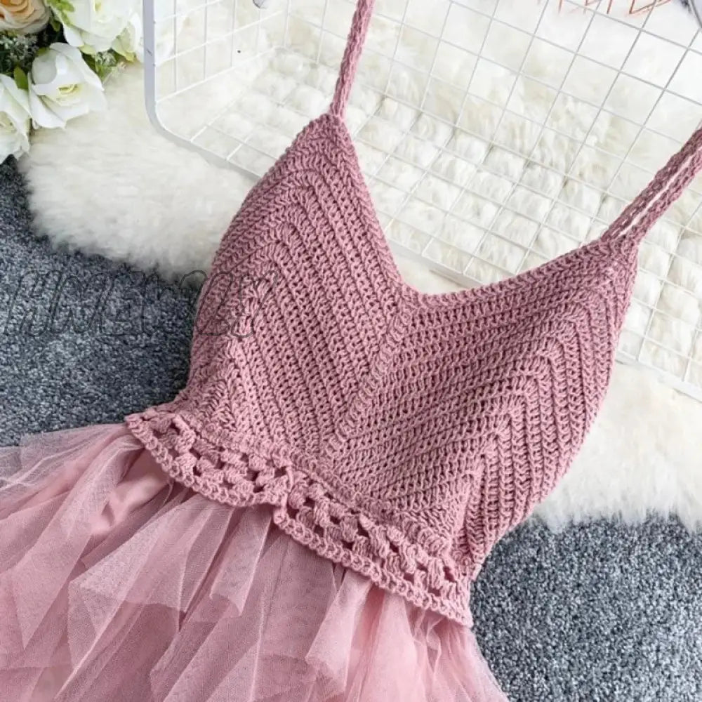 Hnewly Summer Sleeveless Sling Gauze Tulle Dress Women Knit V-Neck Sexy Backless Long Dresses Sweet