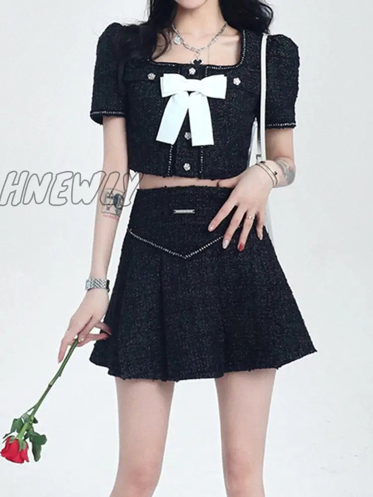 Hnewly Summer Small Fragrance Tweed 2 Piece Set Women Bow Short Jacket Coat + Pleated Skirt Suits