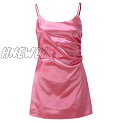 Hnewly Summer Spaghetti Sleeveless Bodycon Mini Dress Y2K Women Fashion Pink Off Shoulder Satin