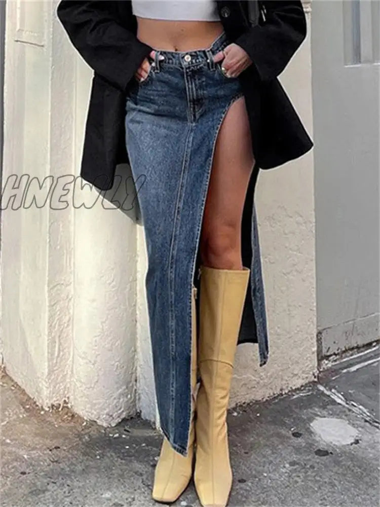 Hnewly Summer Split Out Denim Skirt Jeans Women Casual Long Low Waisted Jean Streetwear New Midi