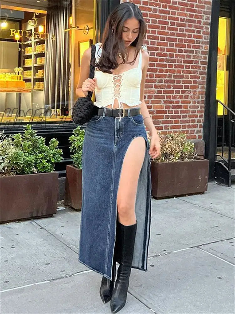 Hnewly Summer Split Out Denim Skirt Jeans Women Casual Long Low Waisted Jean Streetwear New Midi