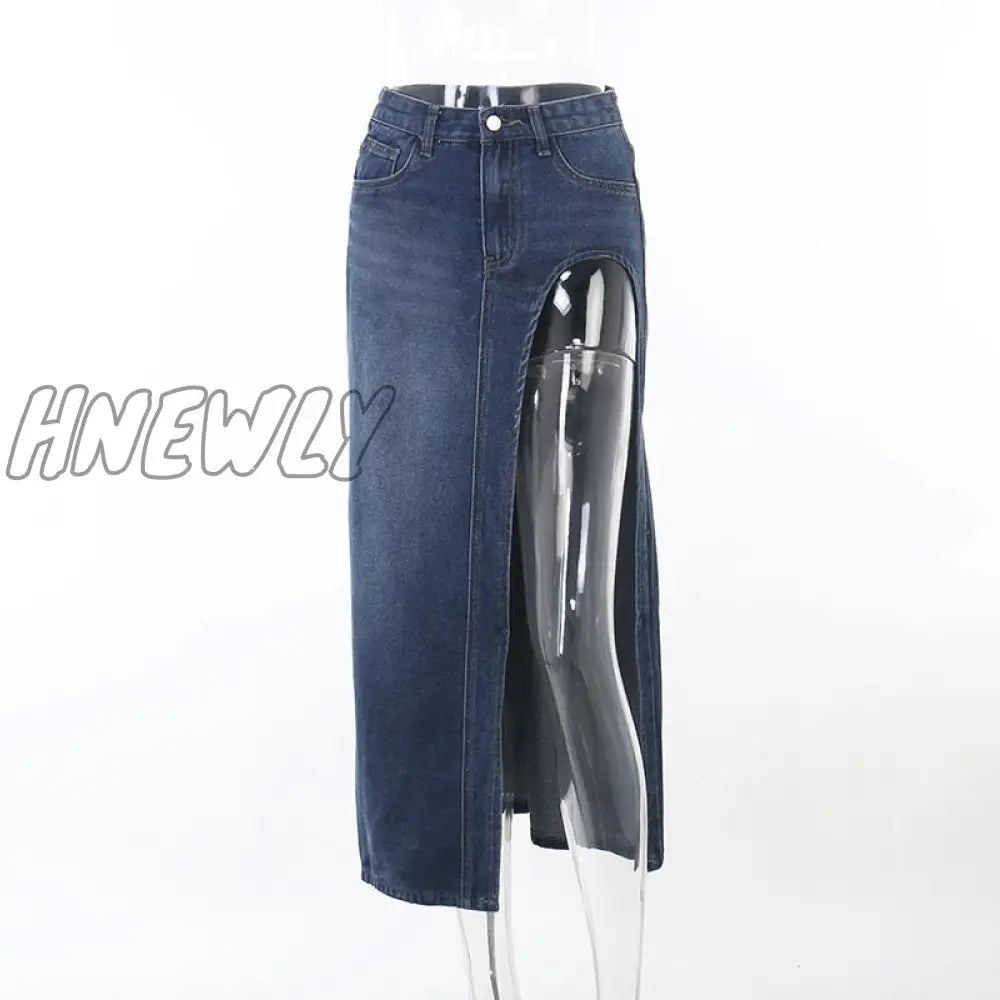 Hnewly Summer Split Out Denim Skirt Jeans Women Casual Long Low Waisted Jean Streetwear New Midi