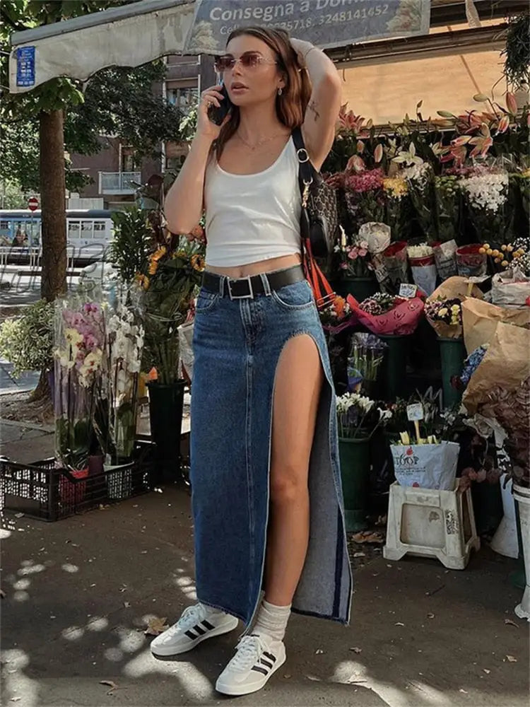 Hnewly Summer Split Out Denim Skirt Jeans Women Casual Long Low Waisted Jean Streetwear New Midi