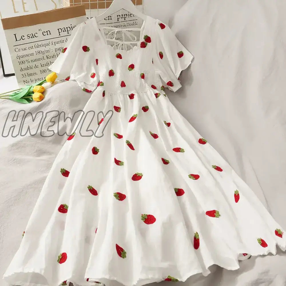 Hnewly Summer Super Fairy White Strawberry Printed Dress Women’s Beautiful Bk New Ling Mid-Length