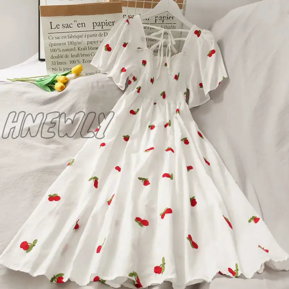 Hnewly Summer Super Fairy White Strawberry Printed Dress Women’s Beautiful Bk New Ling Mid-Length