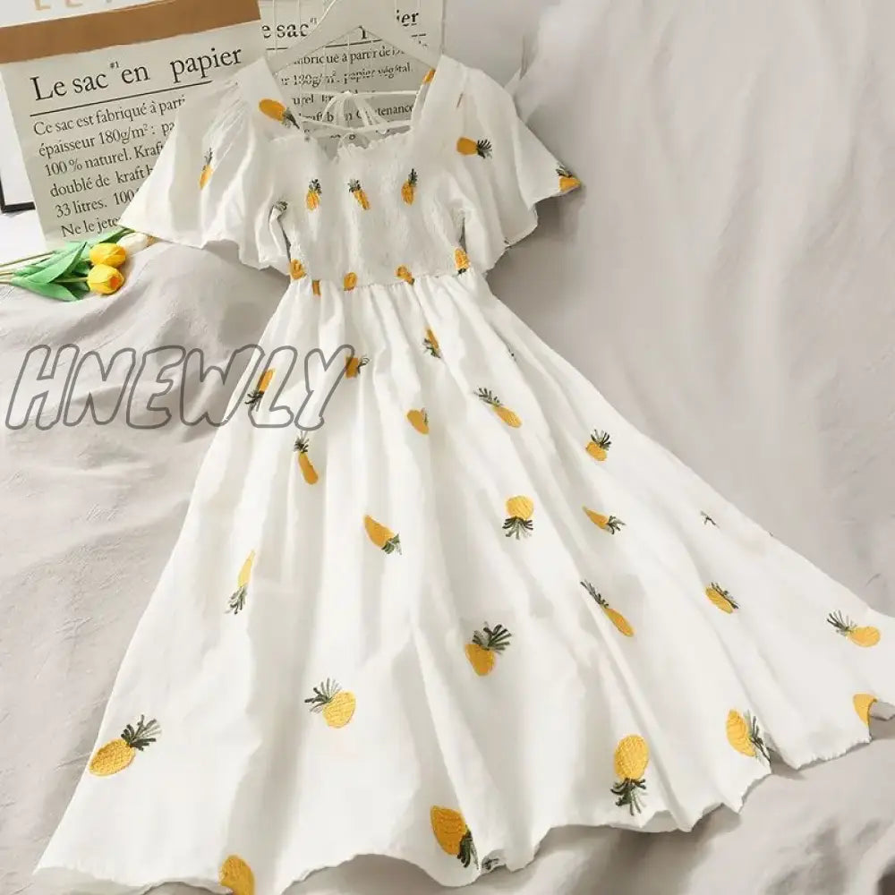Hnewly Summer Super Fairy White Strawberry Printed Dress Women’s Beautiful Bk New Ling Mid-Length