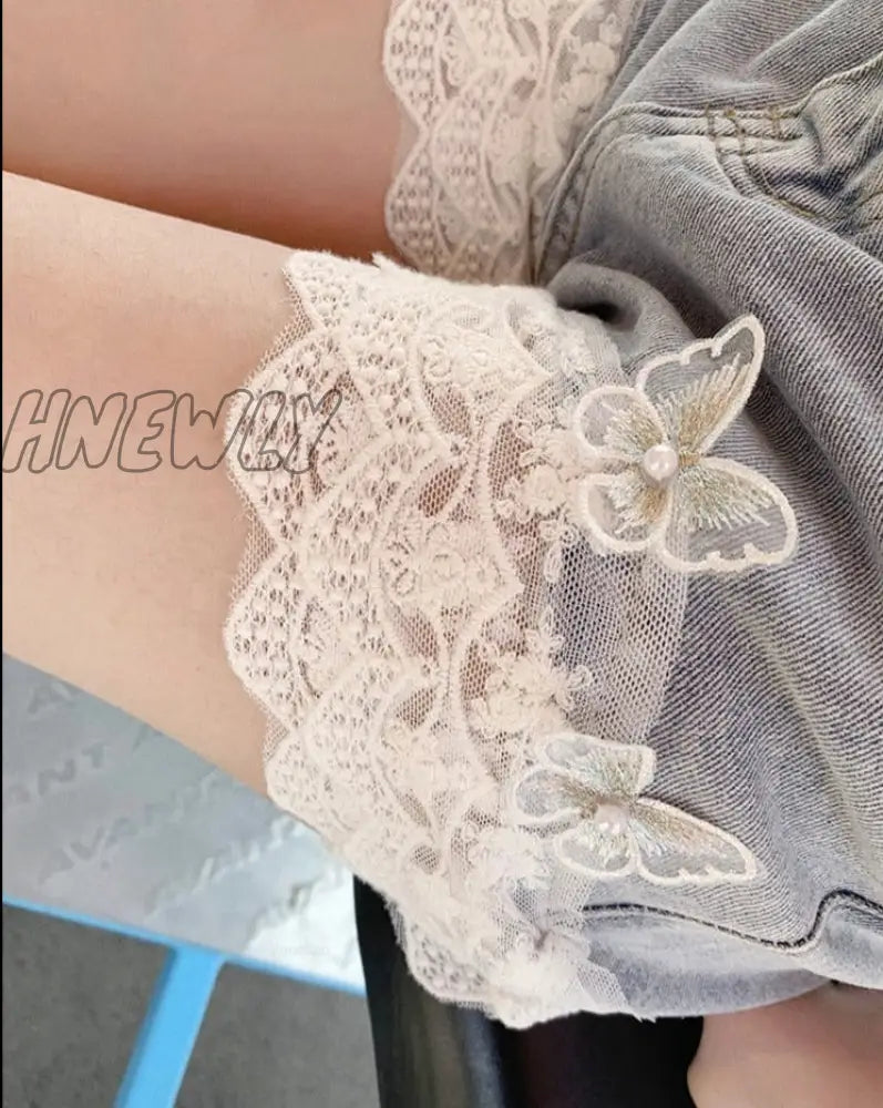 Hnewly Summer Sweet Lace Ruffles Denim Shorts Women Korean Chic Butterfly Appliques High Waist