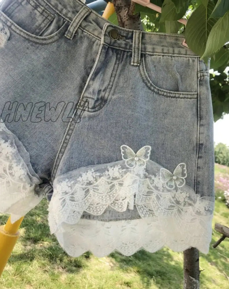 Hnewly Summer Sweet Lace Ruffles Denim Shorts Women Korean Chic Butterfly Appliques High Waist