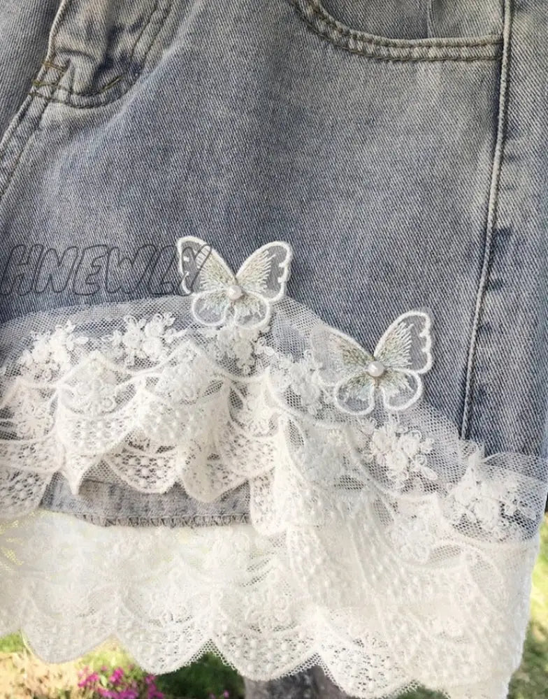 Hnewly Summer Sweet Lace Ruffles Denim Shorts Women Korean Chic Butterfly Appliques High Waist