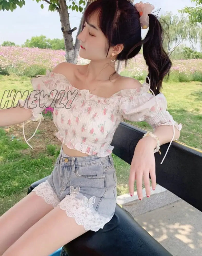 Hnewly Summer Sweet Lace Ruffles Denim Shorts Women Korean Chic Butterfly Appliques High Waist