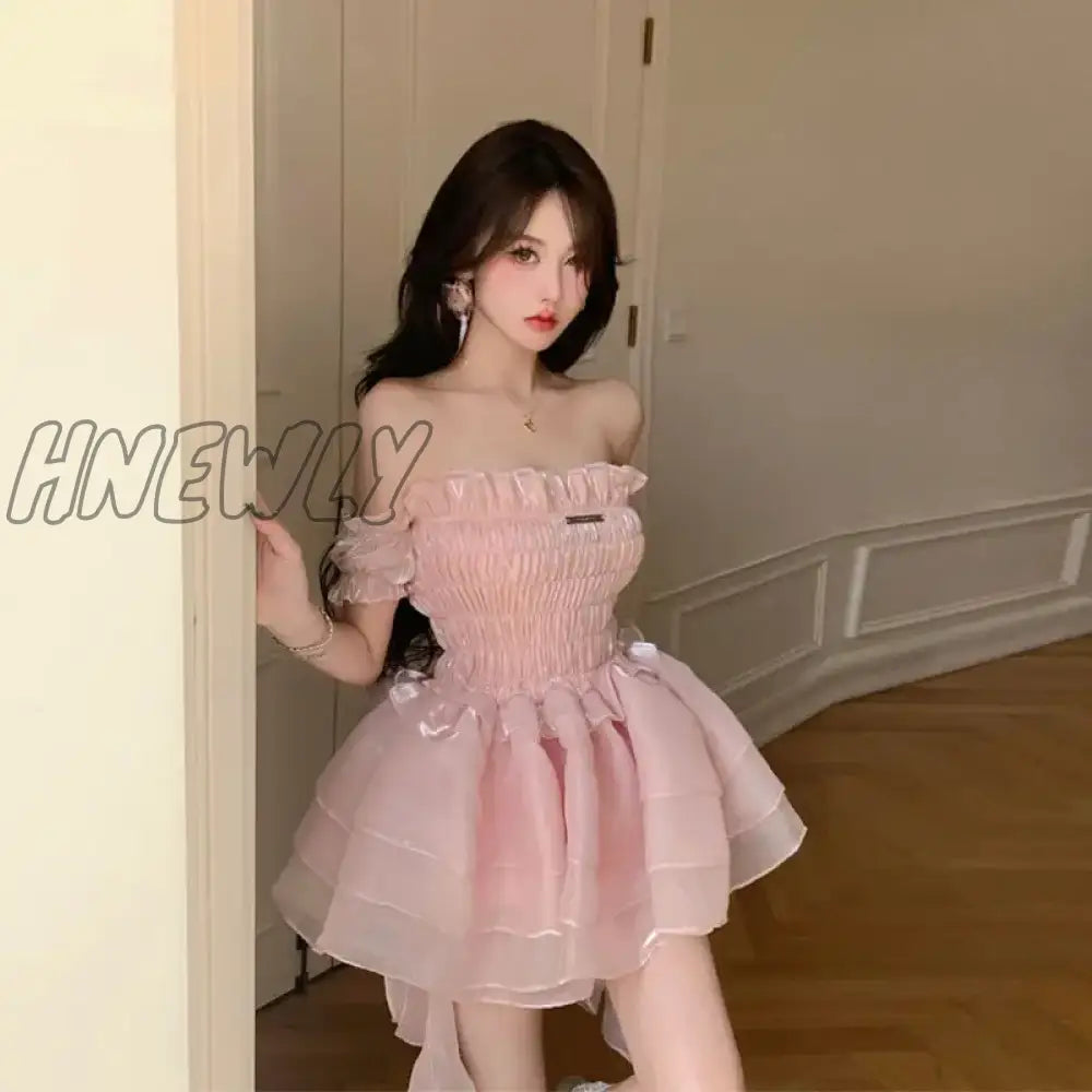 Hnewly Summer Sweet Pink Fairy Dress Women Japanese Off Shoulder Sexy Kawaii Lolita Female Casual