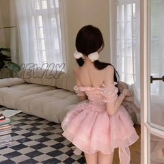 Hnewly Summer Sweet Pink Fairy Dress Women Japanese Off Shoulder Sexy Kawaii Lolita Female Casual