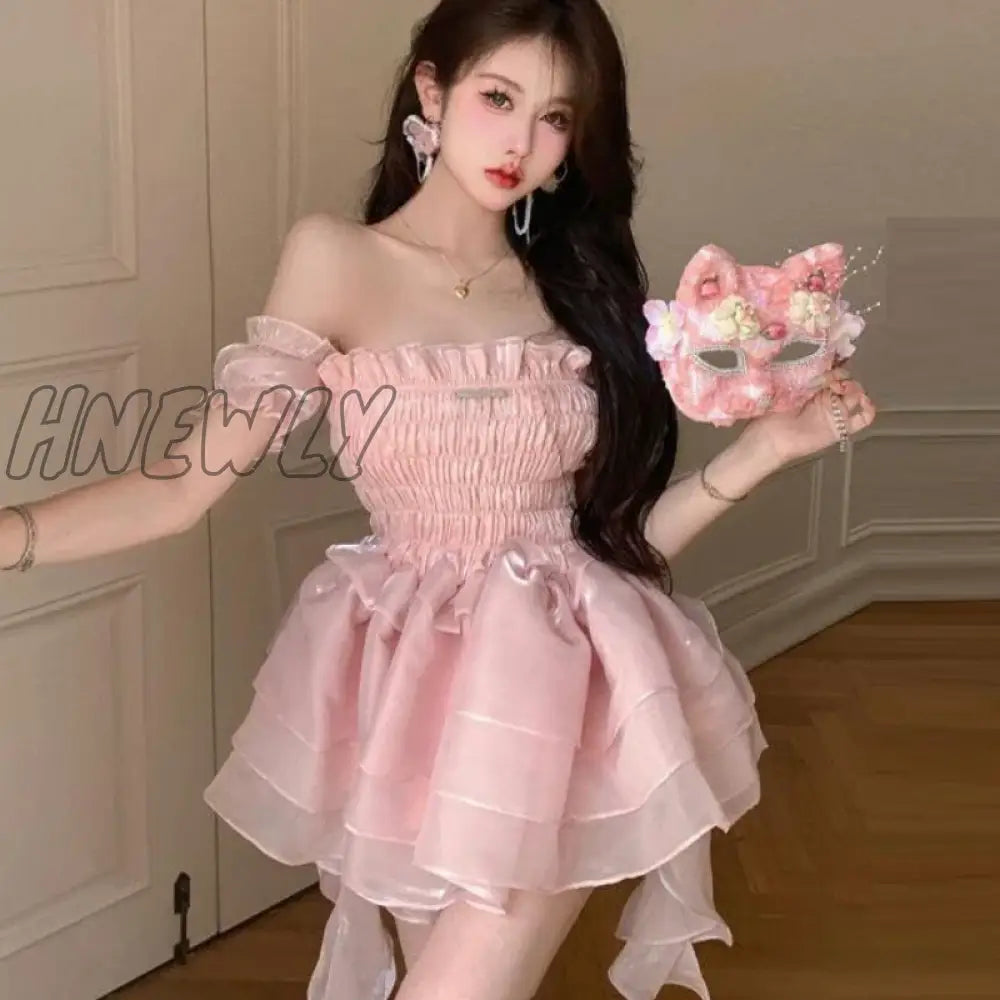 Hnewly Summer Sweet Pink Fairy Dress Women Japanese Off Shoulder Sexy Kawaii Lolita Female Casual