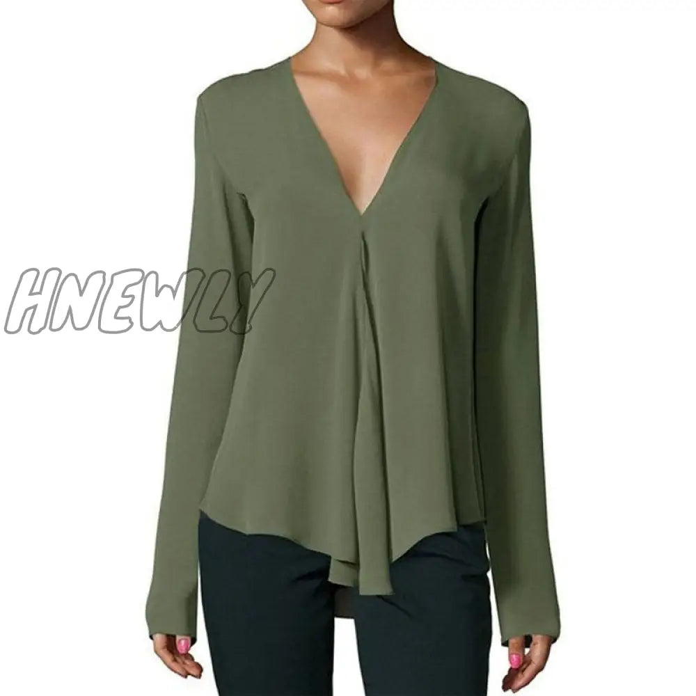 Hnewly Summer Vintage Women Chiffon Blouse Shirt V - Neck Long Sleeve Female Tunic Casual Plus Size